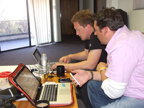 Simon Dingle and Brett Haggard struggle with an audio glitch